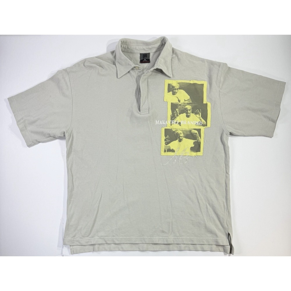 Makaveli Branded Tupac Polo Shirt Mens 2XL Gray Graphic Patch Hip Hop Tee